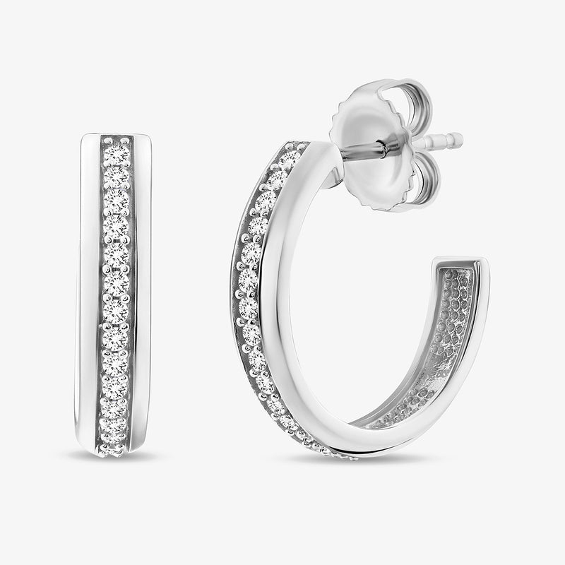 Silver 925 arc hoop earring with pavé stone-lined half hoop, visible clasp