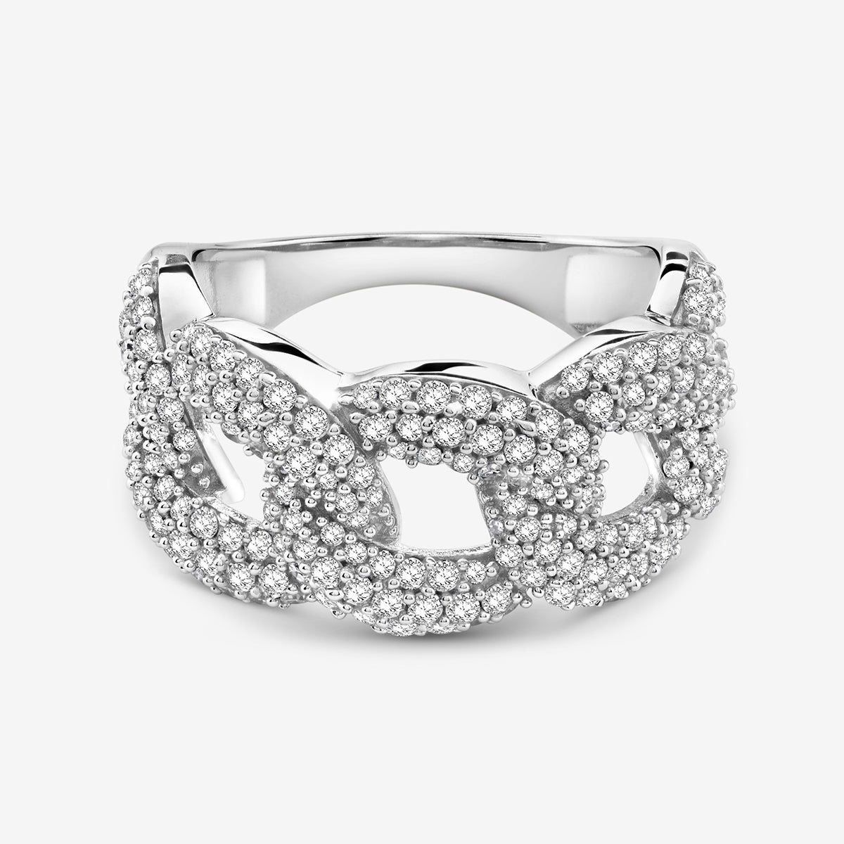 Keemti Jewels’ STATEMENT Link Eternity Ring features interlocking silver links with sparkling diamonds in front.