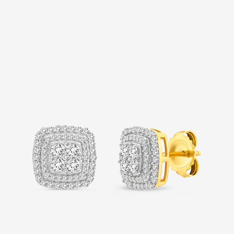 Keemti Jewels TIMELESS Petal Square Stud Earrings: double halo, floral design, sparkling for daily wear, front side views.