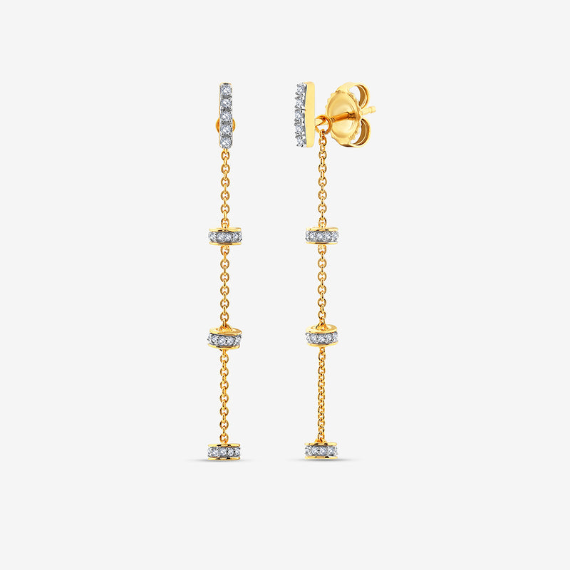 Keemti Jewels TRI-CHARM Dangler Earrings: gold danglers with bezel-set diamonds on a delicate chain, white background.
