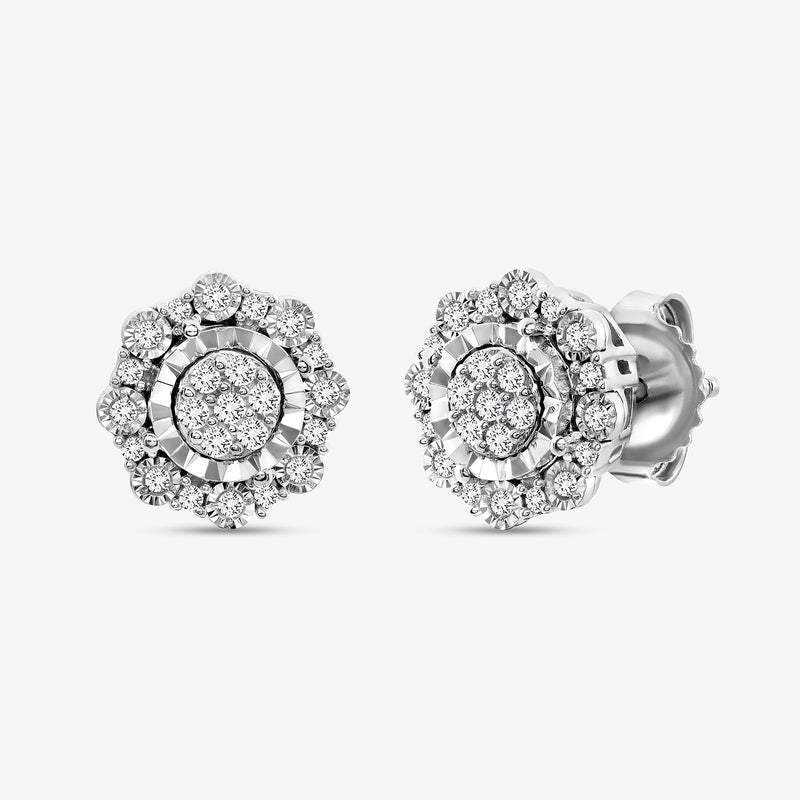 SNOWFLAKE Bloom stud earrings in silver tone, round center with halo of crystals