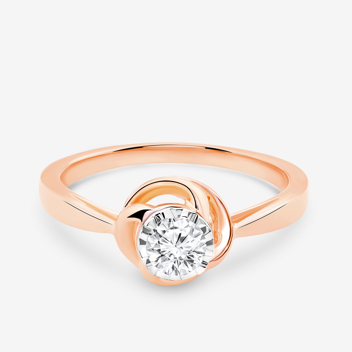 Keemti Jewels PROMISE Halo Solitaire RING: rose gold knot design with round center diamond.