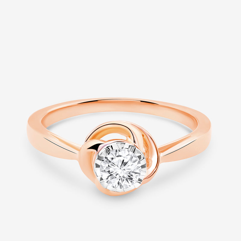 Keemti Jewels PROMISE Halo Solitaire RING: rose gold knot design with round center diamond.