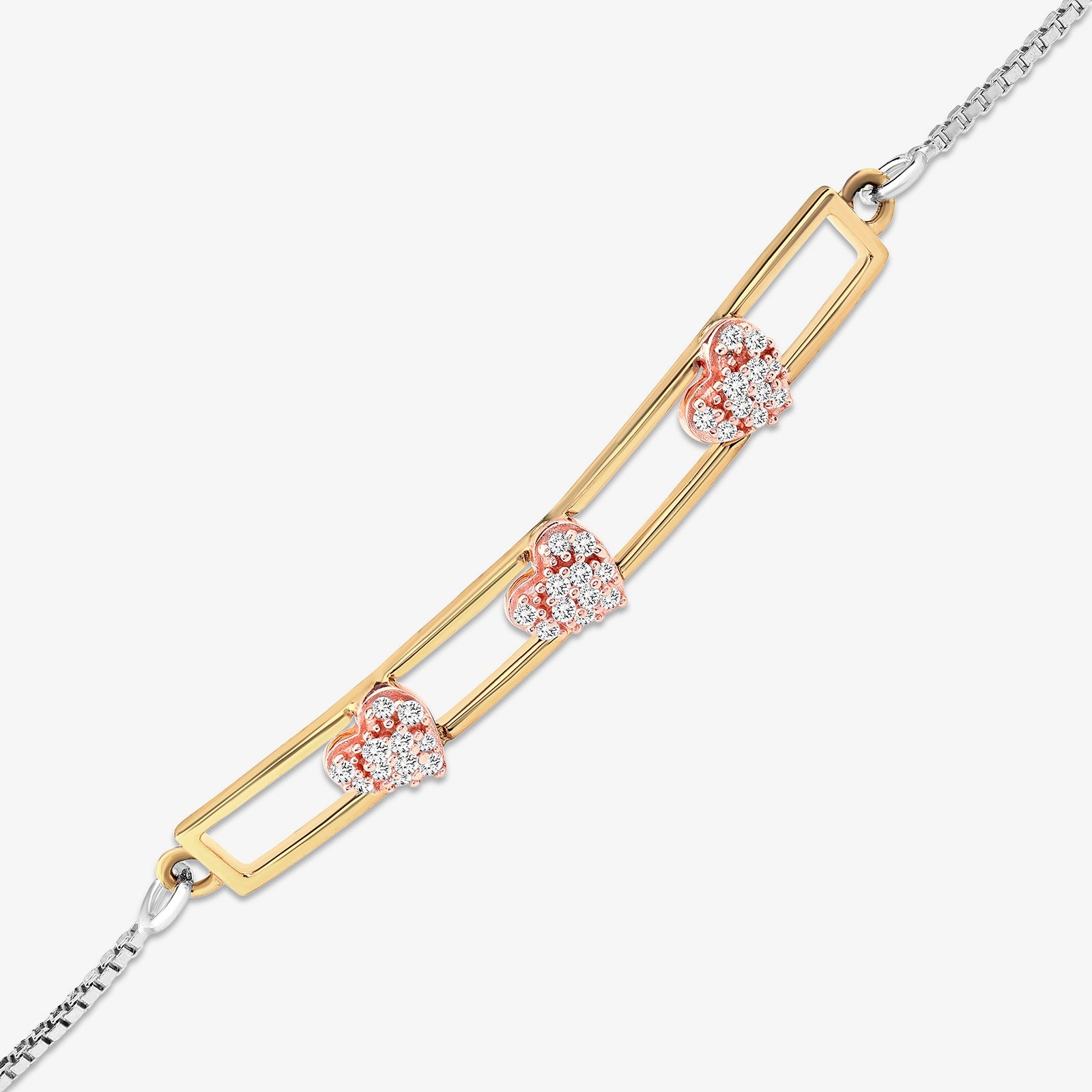 Side view bolo bracelet: gold bar with three heart pavé stones and chain extender