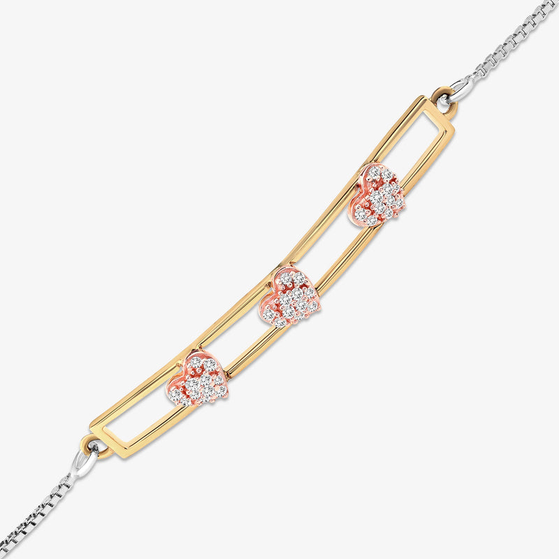 Side view bolo bracelet: gold bar with three heart pavé stones and chain extender