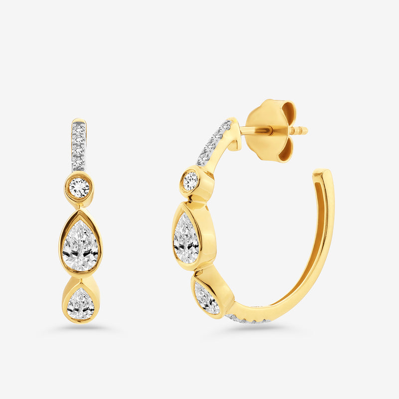 Yellow gold hoop earring, side view with three pear-shaped diamond drops