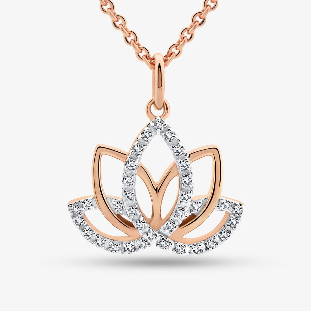 Rose-gold lotus necklet with openwork petals and pavé crystal accents
