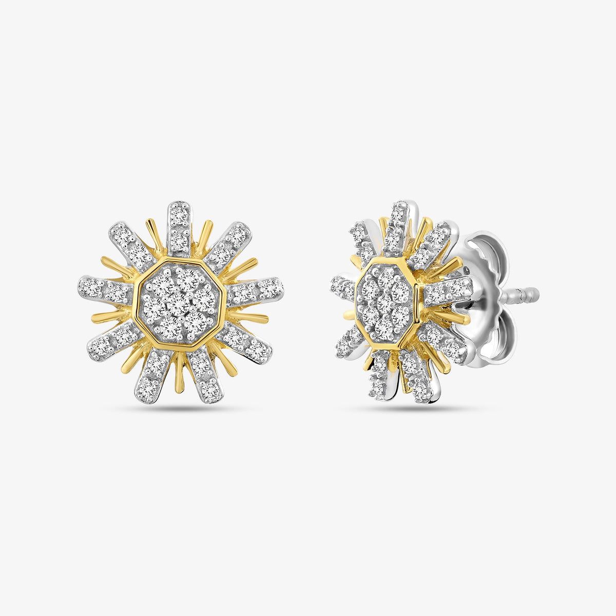 Sunburst diamond stud earrings: silver center, gold rays, pavé stones