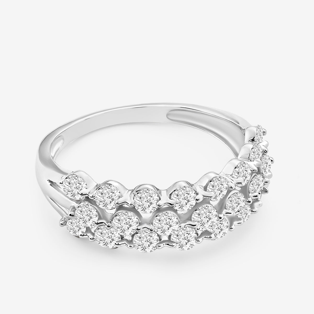 Silver vermeil triple-row diamond ring with three rows of round stones in prongs