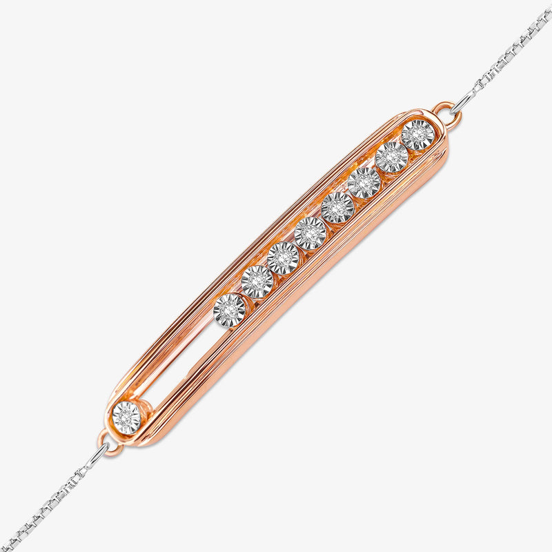 Spark Bolo bracelet close-up: rose-gold bar with round crystal stones on silver links