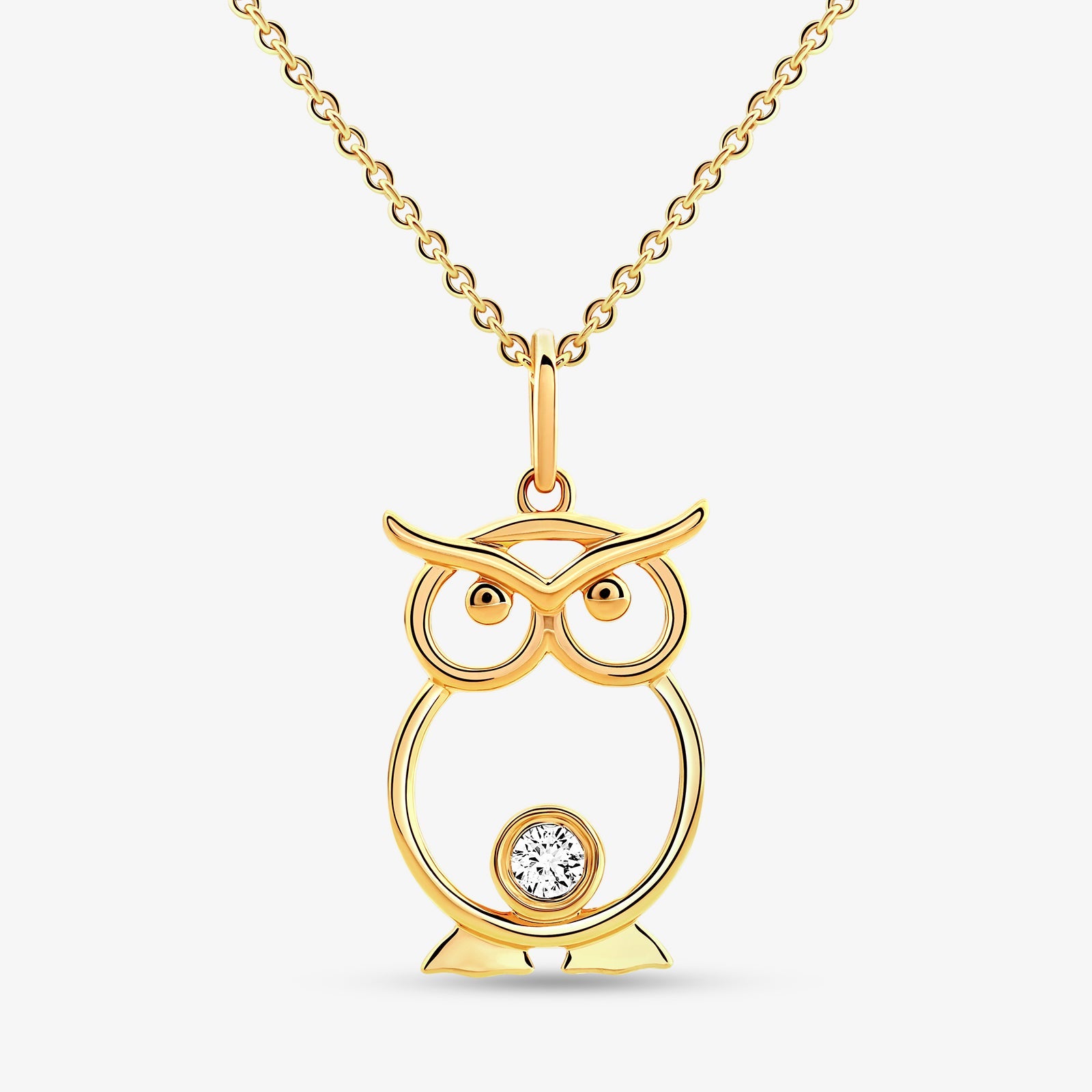 Eulenanhänger mit Diamant im runden Kreis, an langer Gliederkette