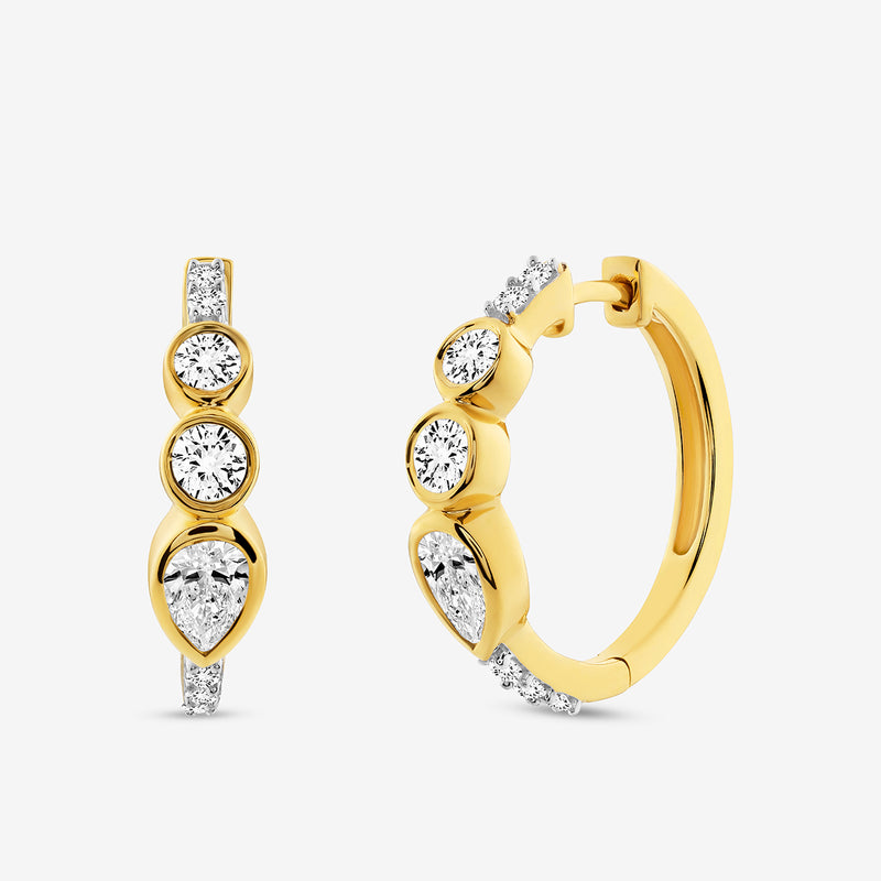 Keemti Jewels AERIS Marquise Huggie earrings: gold hoops with a diamond centre, three vertical gemstones, shown two ways.