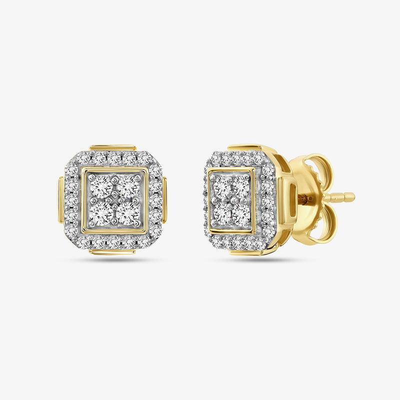 Square halo diamond stud earrings, gold-tone back detail and pavé halo edging