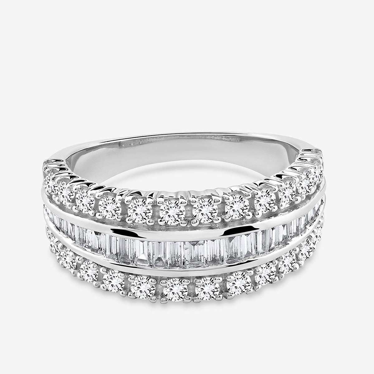 The Keemti Jewels LAYERED Spark Diamond BAND features round and baguette diamonds in a sparkling silver design.