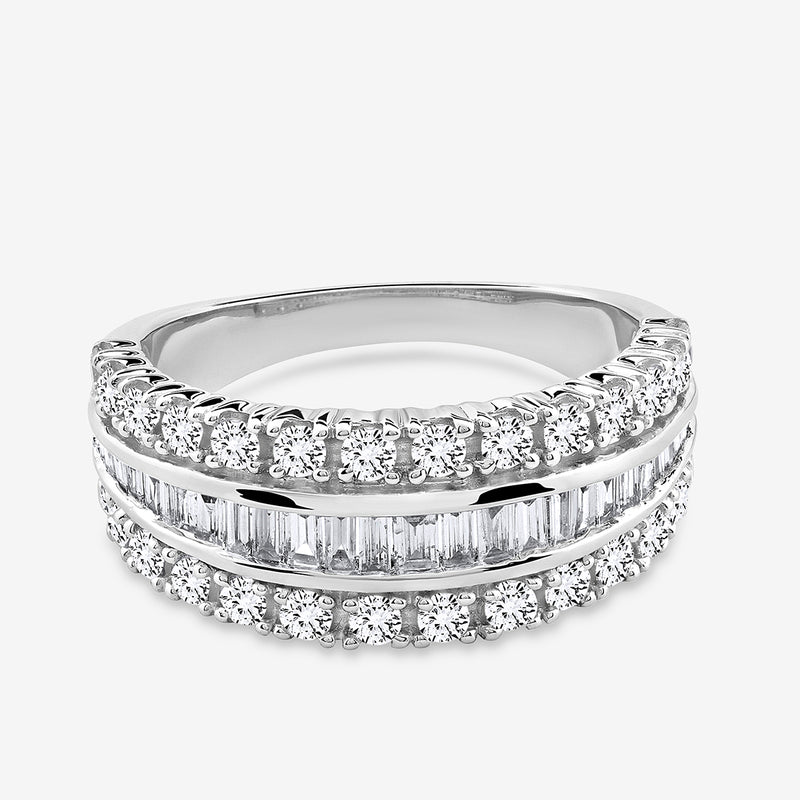 The Keemti Jewels LAYERED Spark Diamond BAND features round and baguette diamonds in a sparkling silver design.