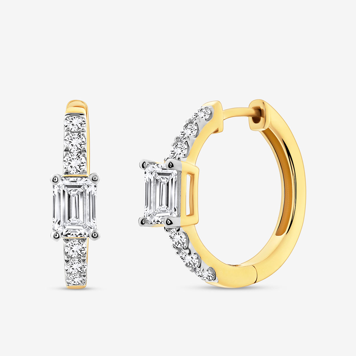 Keemti Jewels AERIS Emerald Huggie Earrings: classic gold hoops with emerald-cut stones, shown front and side.