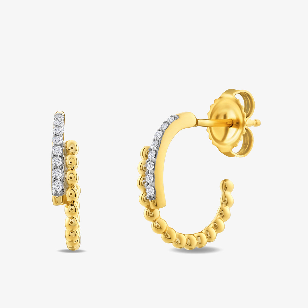 The SHIFT Bar Hoop Earrings by Keemti Jewels are yellow-plated hoops with a beaded design and a front row of small, round diamonds. They feature post and butterfly back closures for everyday elegance.