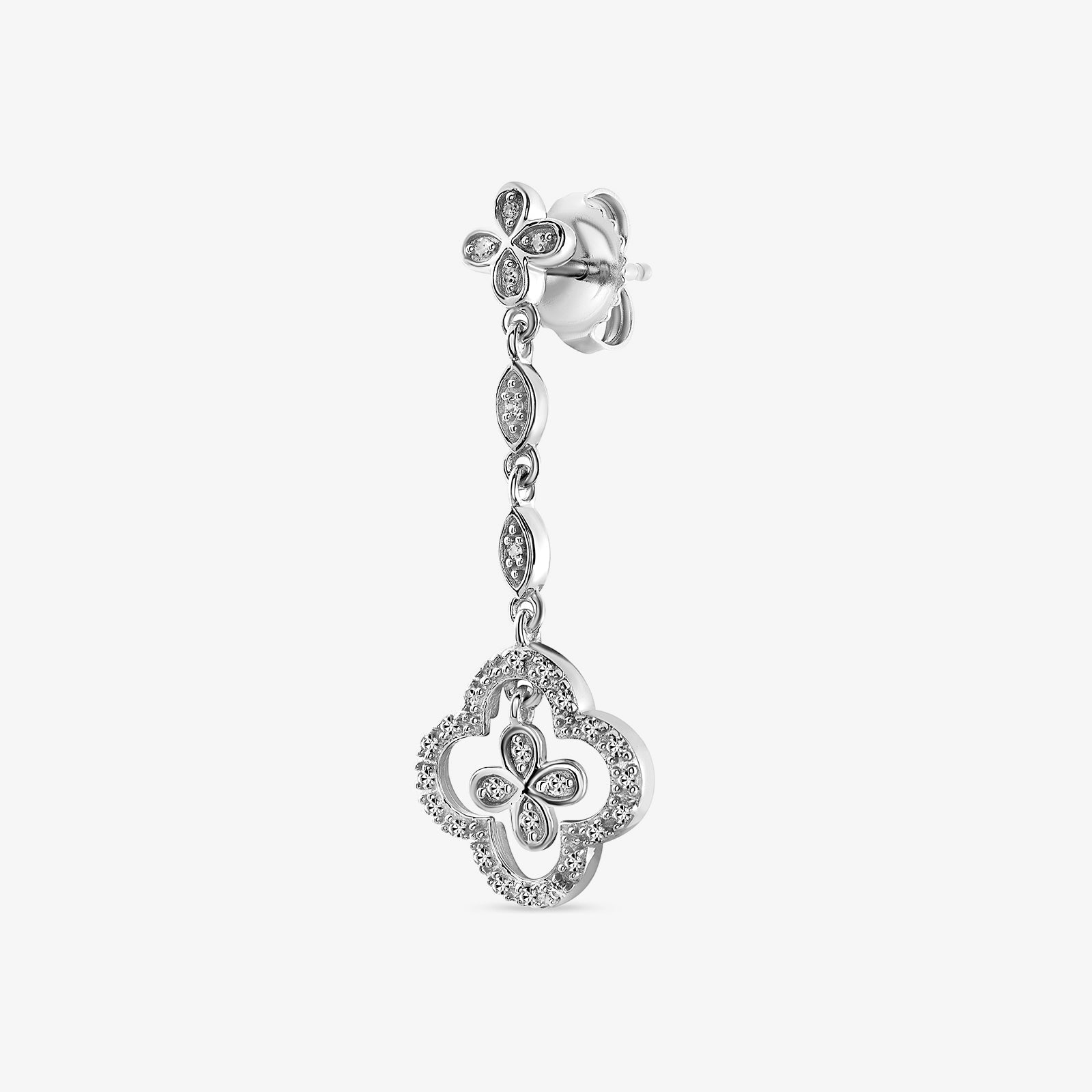 Silver 925 clover drop earring with scalloped quatrefoil frame and oval stone link