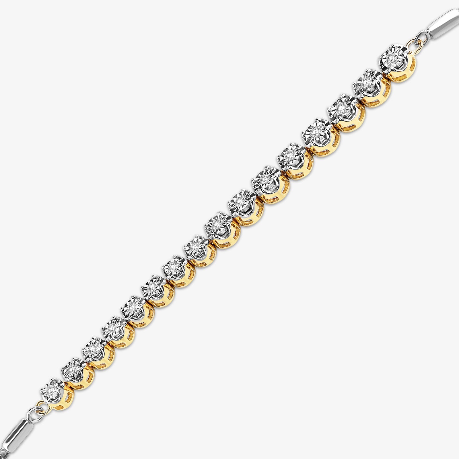 DUAL Tone line bolo bracelet close-up, gold-toned settings with round pavé stones