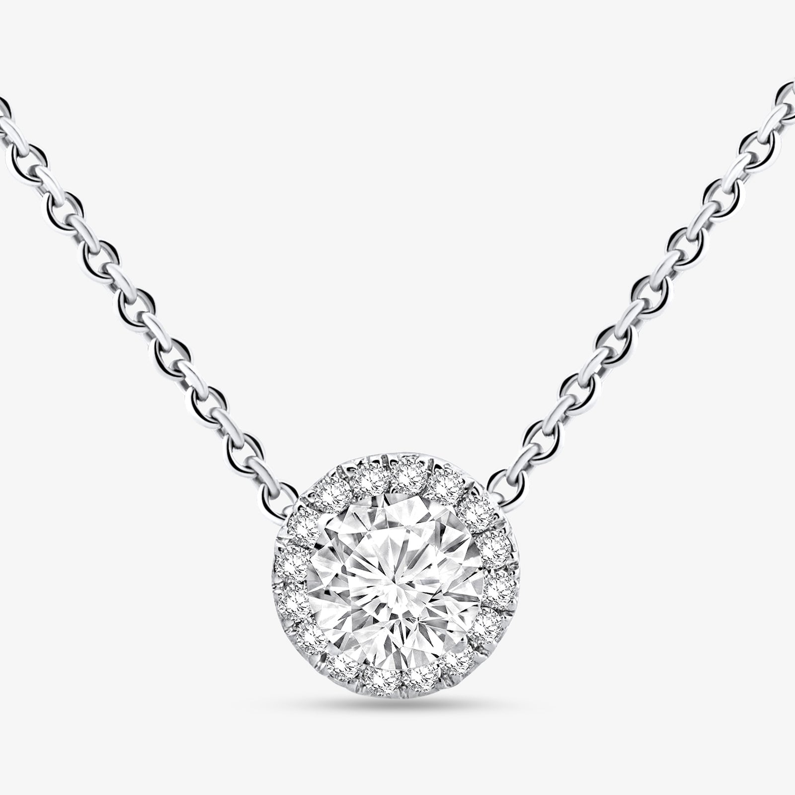Round pavé halo pendant with center stone on silver-tone curb chain