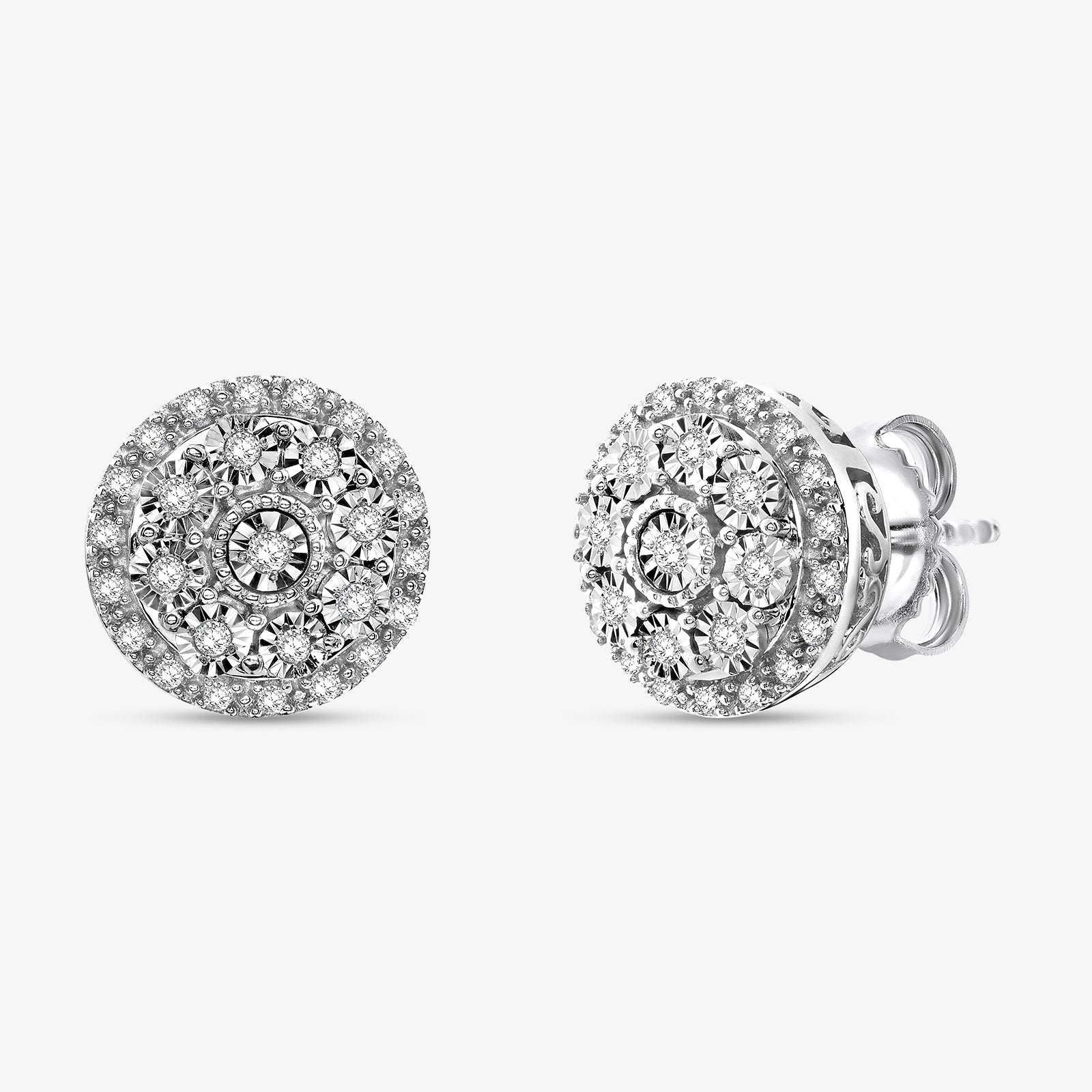 Bloom Stud Ohrringe, silberfarbener runder Steinbesatz mit sichtbarer Rückseite