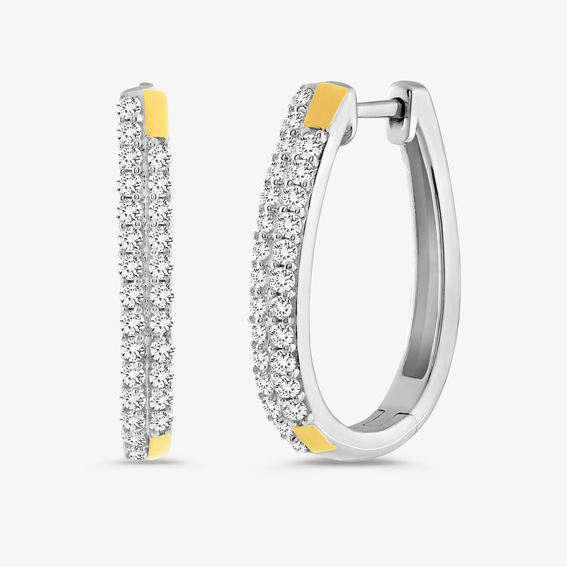 Silver 925 slim bar hoop earrings, pavé crystals, yellow enamel ends; hinged hoop view