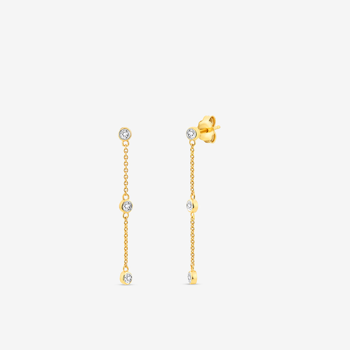 Keemti Jewels' TRIO Trail Dangler Earrings feature gold drops with small bezel-set diamonds, shown on a white background.