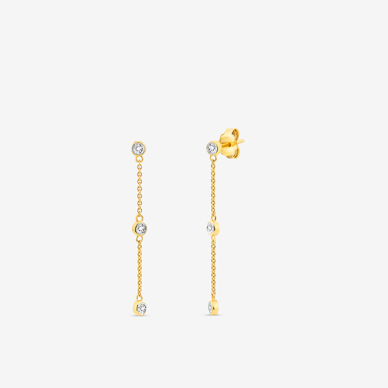 Keemti Jewels' TRIO Trail Dangler Earrings feature gold drops with small bezel-set diamonds, shown on a white background.