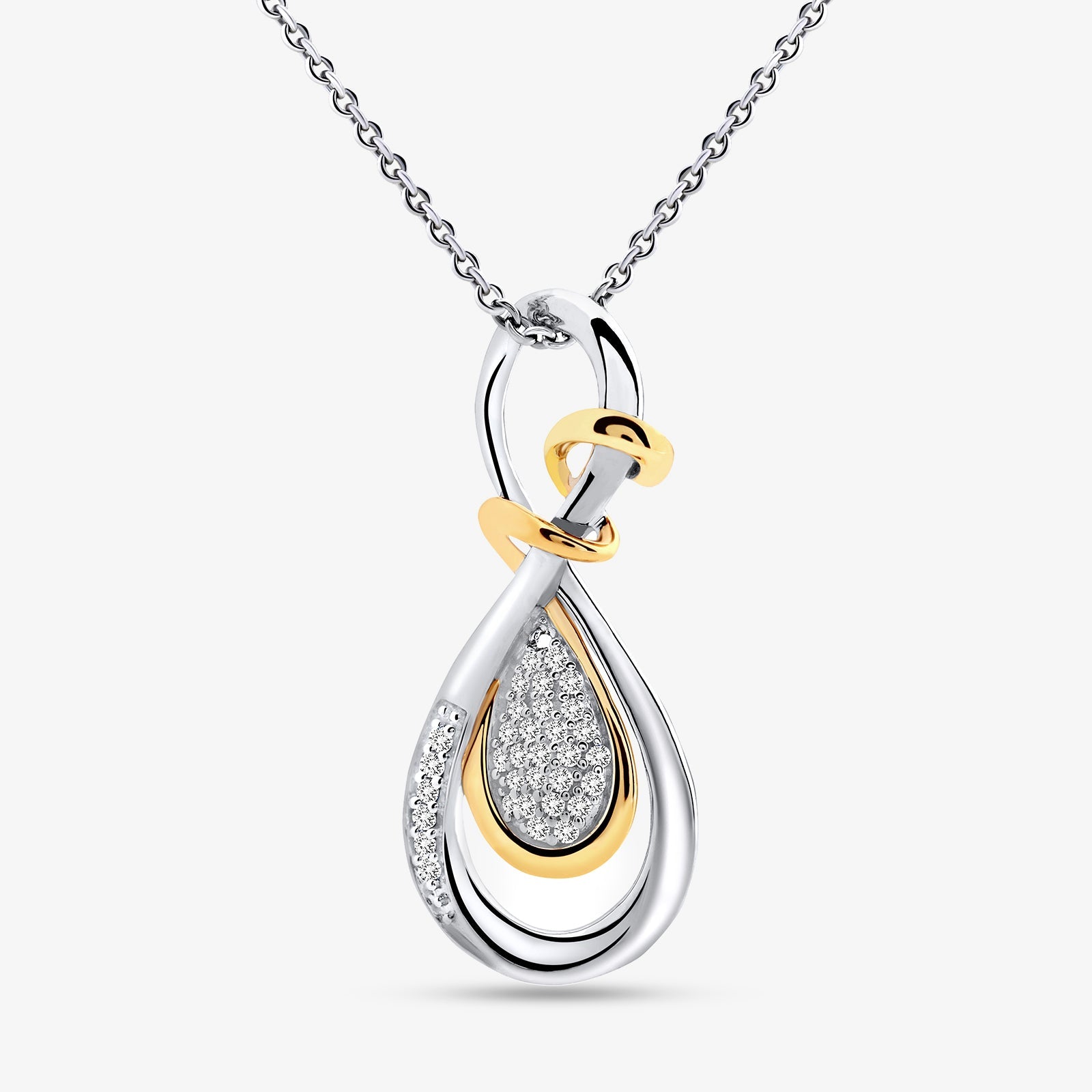 Teardrop bicolor pendant on silver chain, loop top and pave inset stones