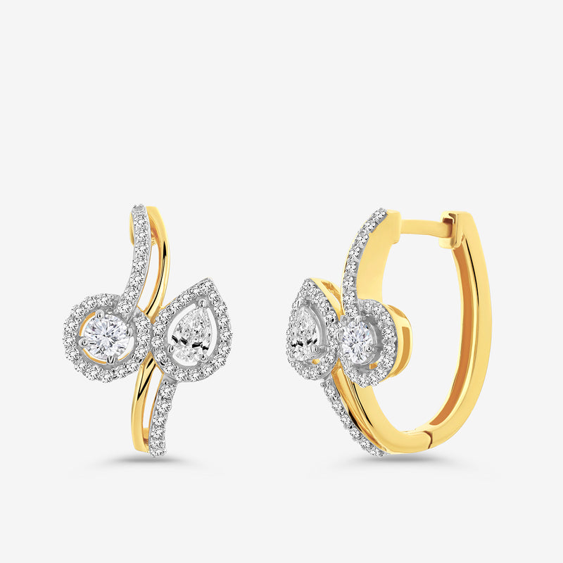 Keemti Jewels TEARDROP Spark Hoop Earrings feature diamond-studded floral and pear designs on gold hoops.