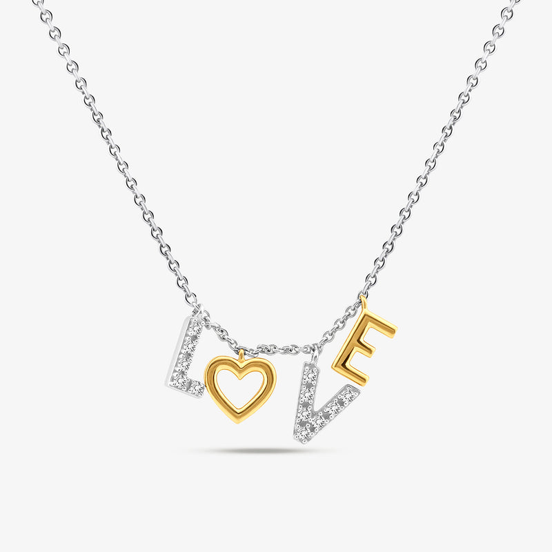 Keemti Jewels TWIN-TONE Love Charm NECKLACE features gold silver hearts spelling LOVE with a crystal-studded O.