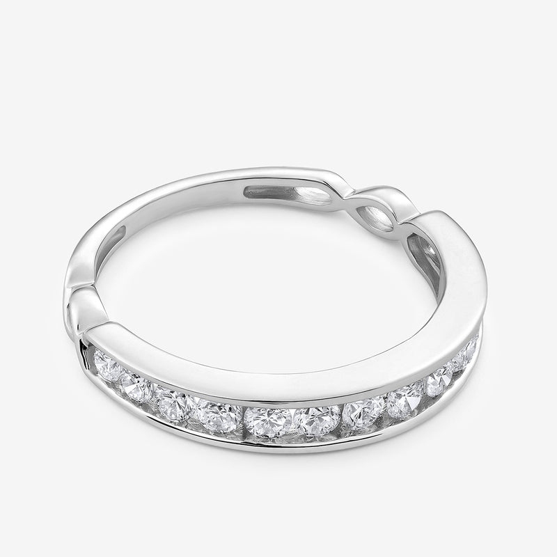 Twisted shank ring, side view: continuous row of clear round stones in silver tone.