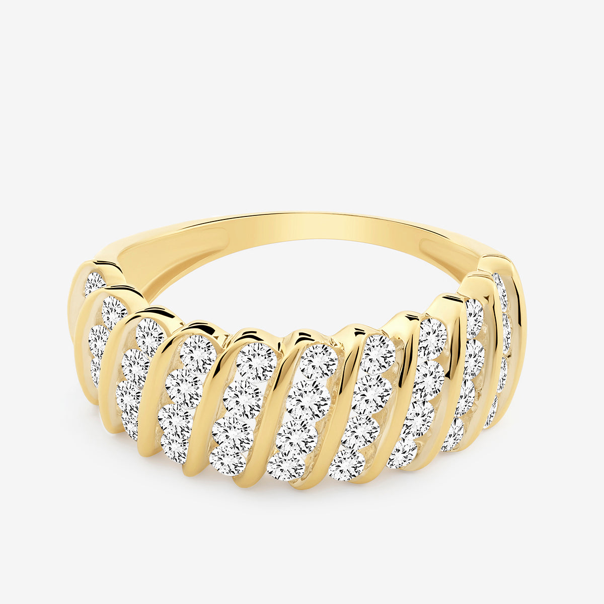 Eternity spiral ring, open-top view: gold curved band with rows of round white stones