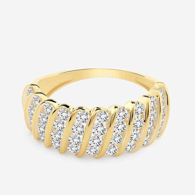 Eternity spiral ring, open-top view: gold curved band with rows of round white stones