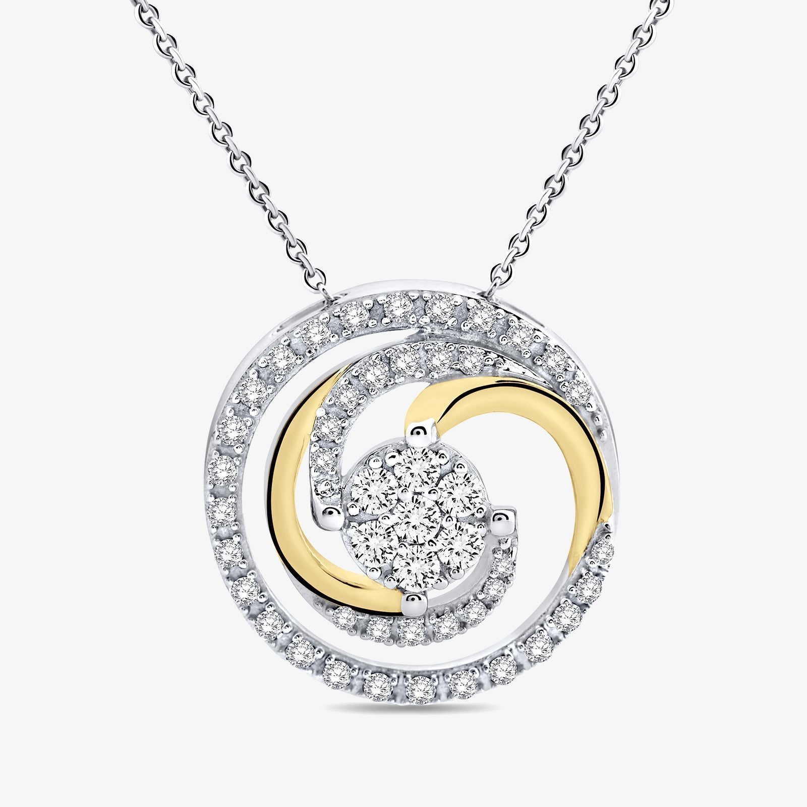 Swirl necklet pendant: round double halo pavé with gold-toned inner ring, silver chain