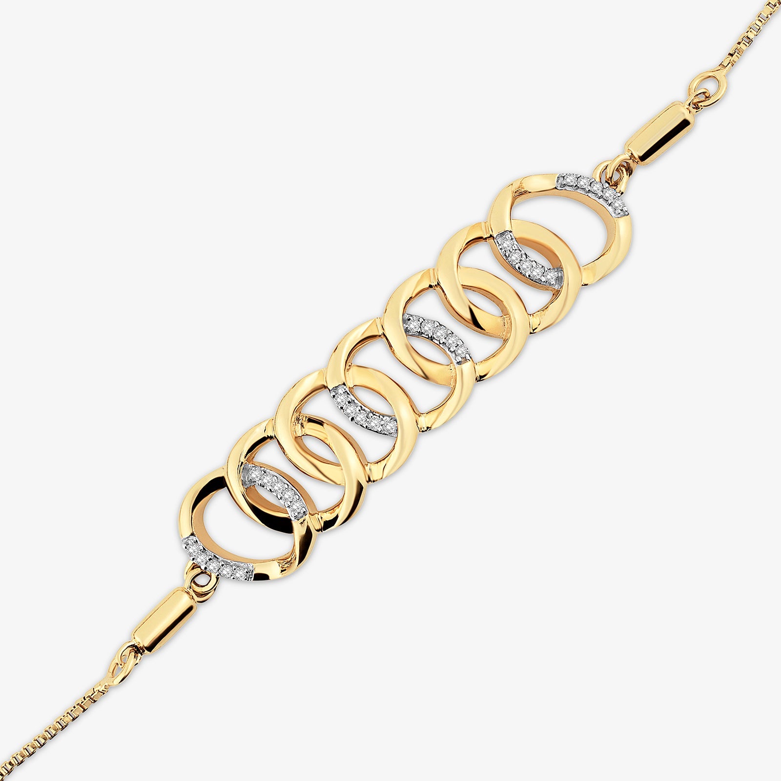 Gold-tone linked bolo bracelet close-up, circular diamond details and clasp