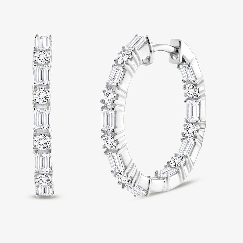 The ORBIT shine huggie earrings by Keemti Jewels feature round and baguette diamonds in white gold, ideal for daily wear.