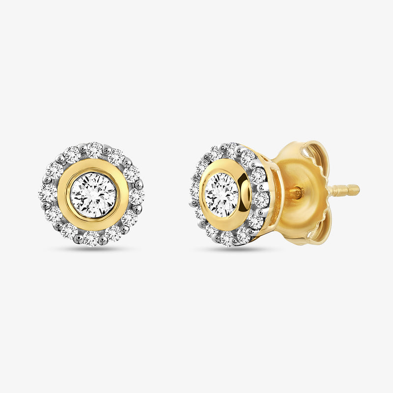Petite stud earrings: round gold back, silver halo detail, small clear center stone