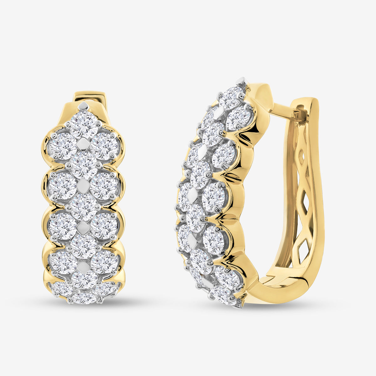 Keemti Jewels' CLASSIC Lattice Hoop EARRINGS feature clusters of round white diamonds set in a delicate floral lattice, showcased on a plain white background.