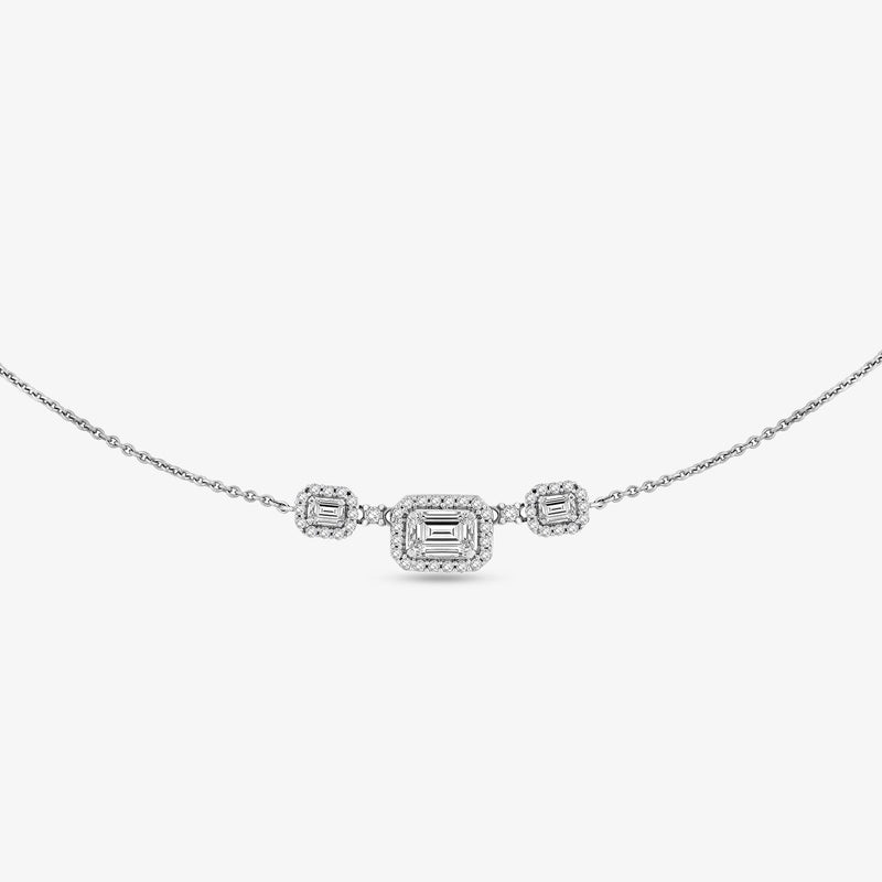 Geometric necklace with central emerald-cut stone and two smaller square side stones