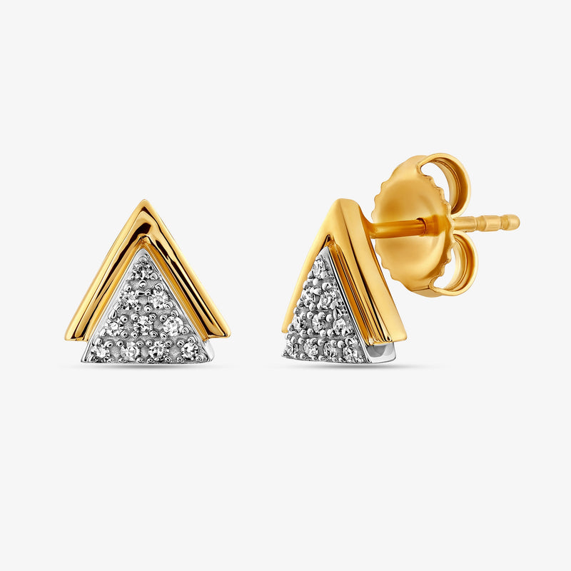 Dual-tone triangle spark stud earrings, gold outer frame with silver pavé triangle