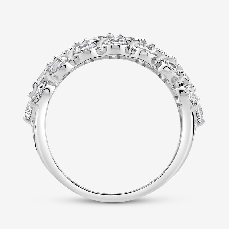 The Keemti Jewels RADIANT Bloom Mesh BAND is a silver ring with a lace pattern and sparkling gemstones on the band.