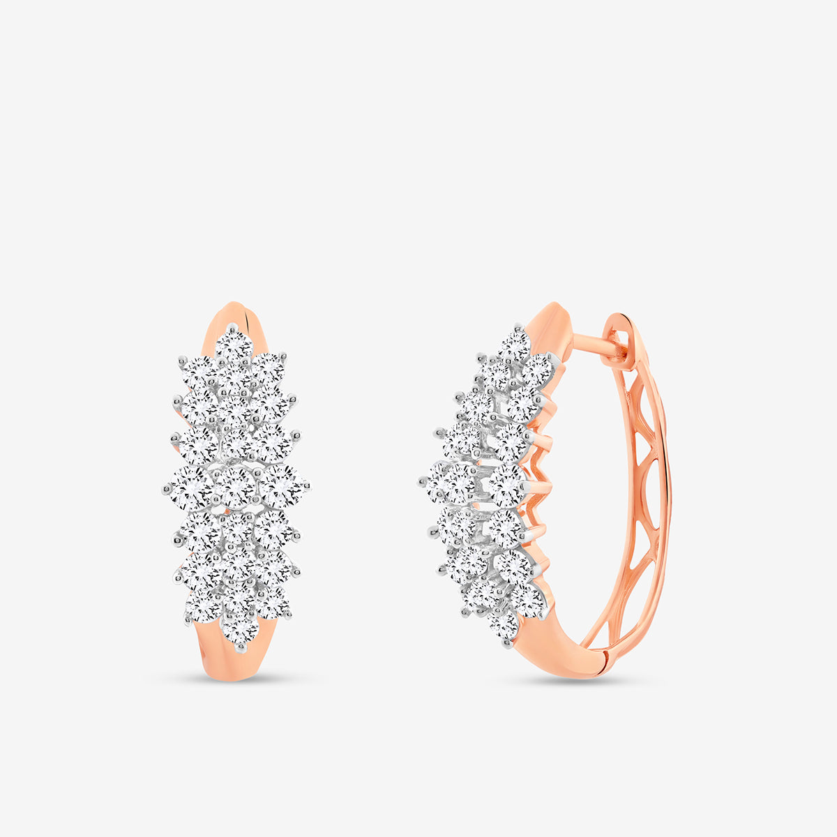 The AURORA Grid Huggie Earrings by Keemti Jewels feature rose gold hoops set with clusters of sparkling round white diamonds in a marquise pattern, shown on a plain white background.