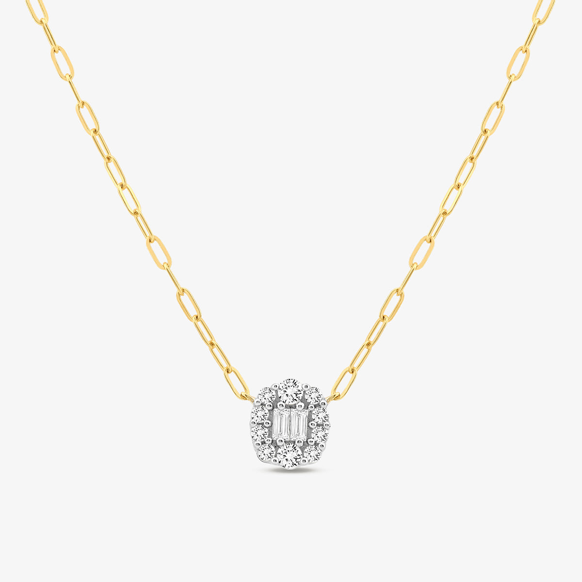 The CLUSTER Charm NECKLET by Keemti Jewels features an oval diamond pendant with a halo of smaller diamonds.