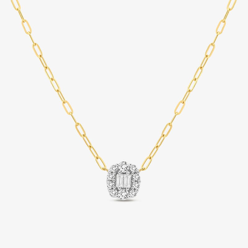 The CLUSTER Charm NECKLET by Keemti Jewels features an oval diamond pendant with a halo of smaller diamonds.