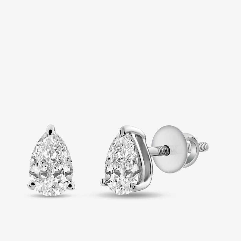 Keemti Jewels PEARLUXE Solitaire Stud Earrings feature pear-shaped stones in prong and basket settings.