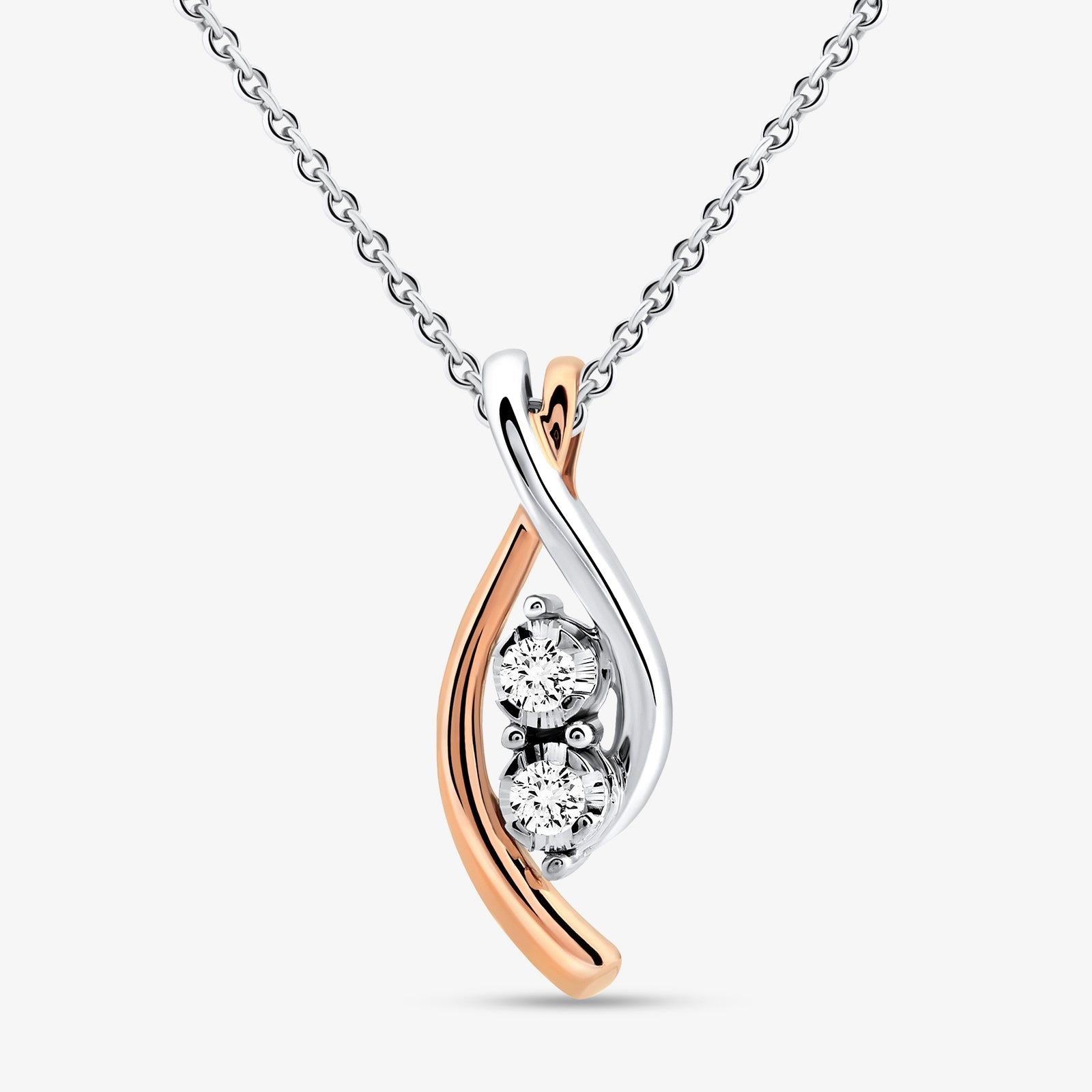 Swirl Diamond pendant side view with two round stones, 0.75 ct, silver 925 and rose gold
