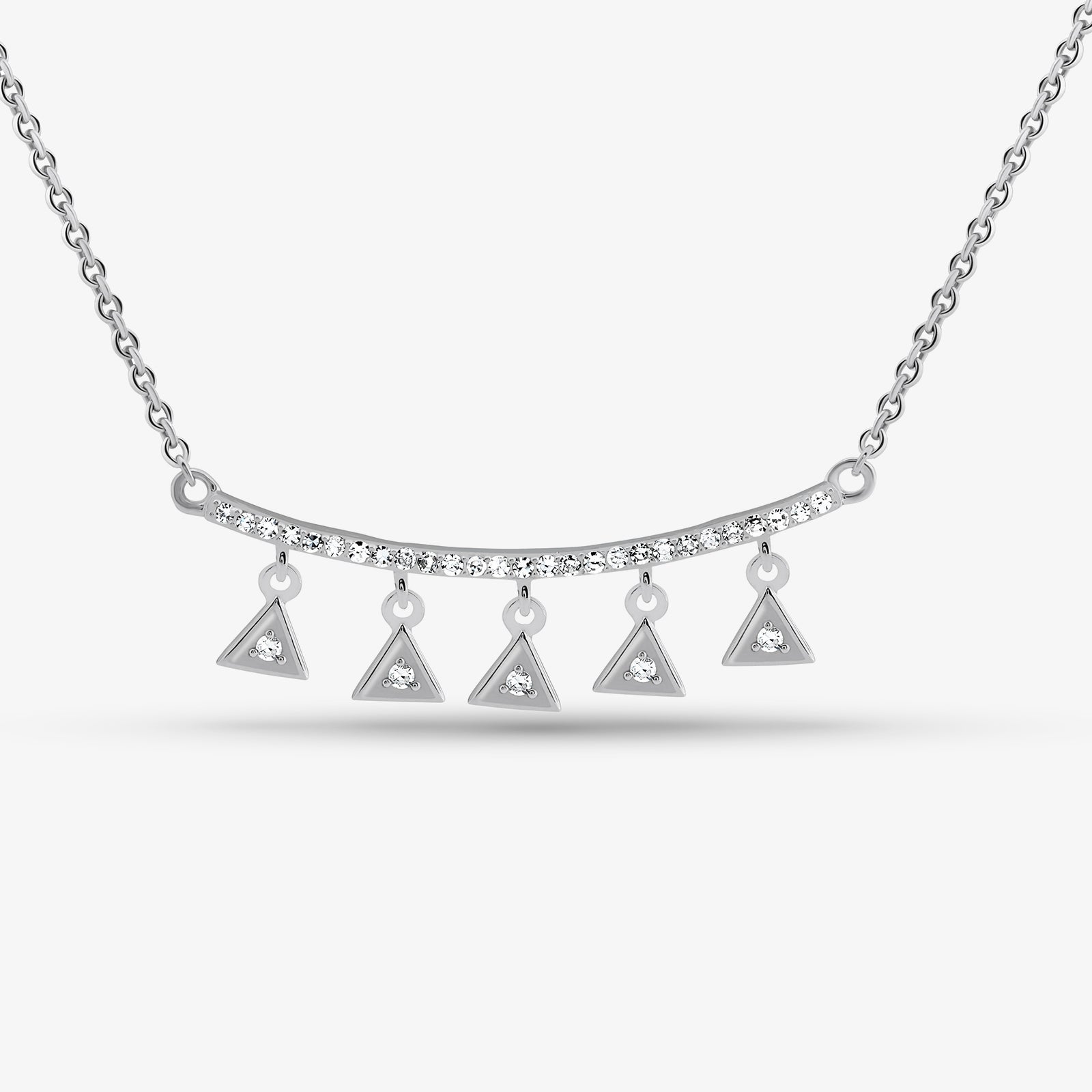Triangle charm drop necklace, pavé triangles on curved silver bar