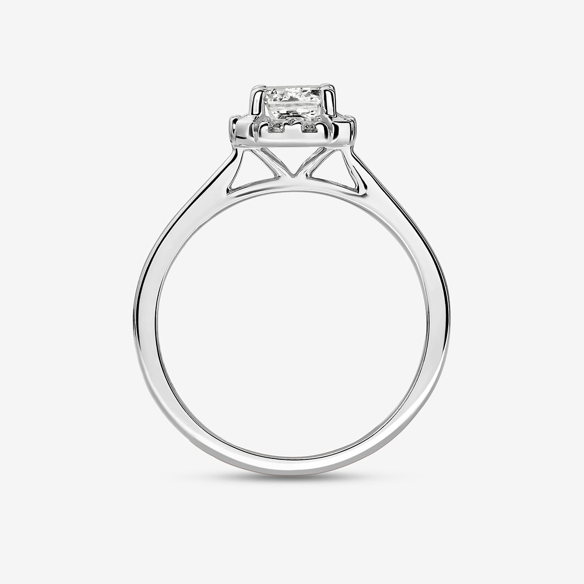 Keemti Jewels' EMERA Halo Solitaire Ring: square-cut diamond, pavé accents, raised prong setting on white background.