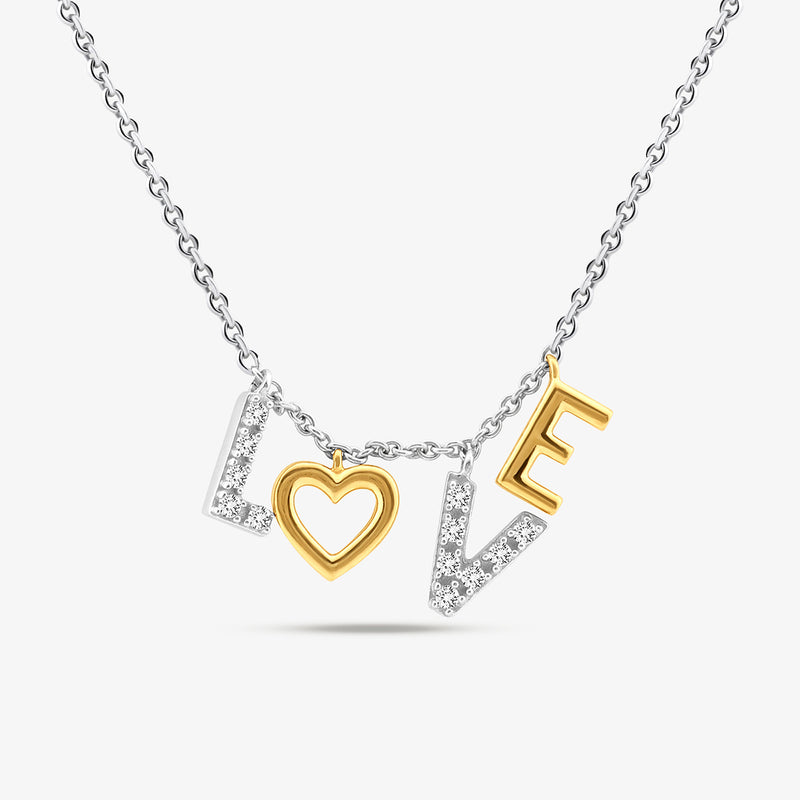 Keemti Jewels' TWIN-TONE Love Charm Necklace features LOVE with a gold heart O and diamond-accented L and V.